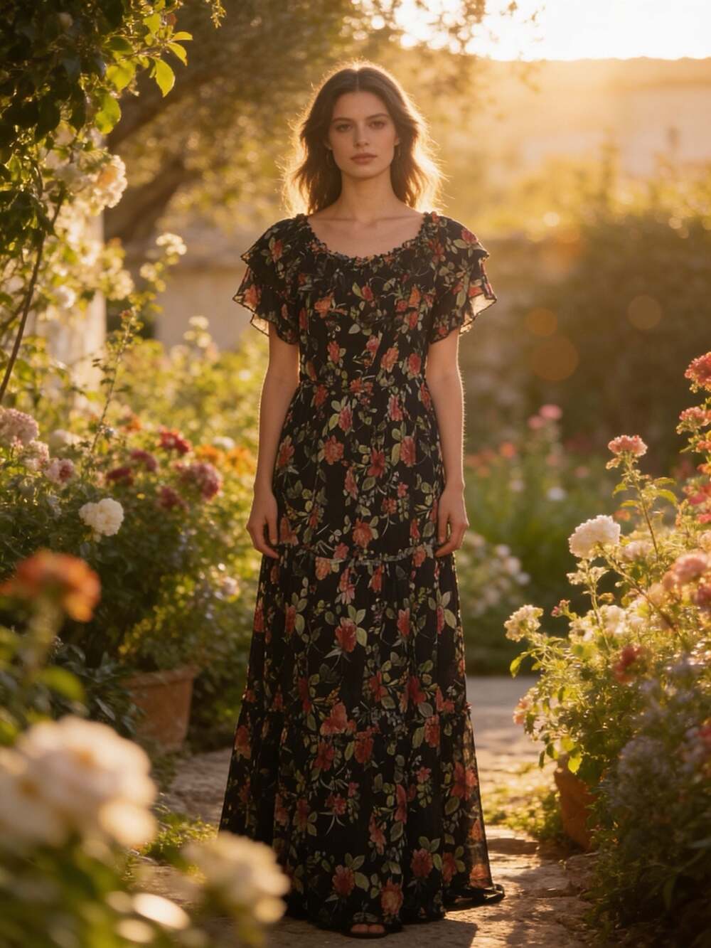 Indigo & Lace Black Multi Floral Mesh Off-Shoulder Ruffle Tiered Maxi Dress Size